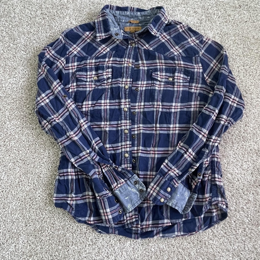 Jack's Girlfriend Shirt Womens Small Blue Plaid Snap Button Western Long Sleeve